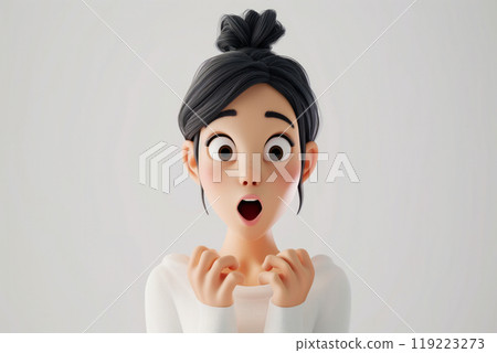 Surprised shocked scared cartoon character young adult woman female person with black hair portrait in 3d style design on light background. Human people feelings expression concept 119223273