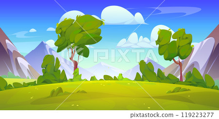 Mountain valley landscape with green meadow 119223277