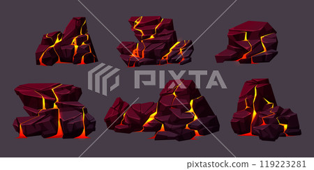 Volcano rocks texture with lava in cracks 119223281