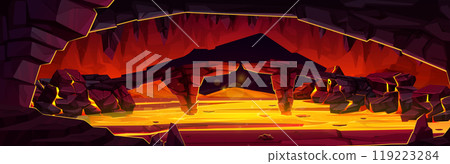 Cartoon volcano cave with lava flow inside 119223284