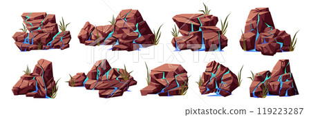 Cartoon set of water streams on cracked stones Cartoon set of water streams on cracked stones 119223287