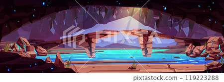 Underground mine cave with water and light ray 119223288