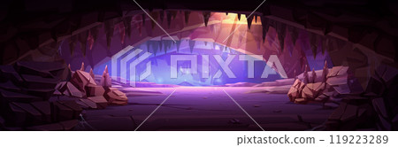 Cartoon cave interior with sunlight from ceiling Cartoon cave interior with sunlight from ceiling 119223289