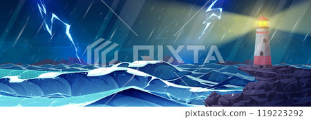 Vector storm sea illustration, lighthouse on cliff Vector storm sea illustration, lighthouse on cliff 119223292