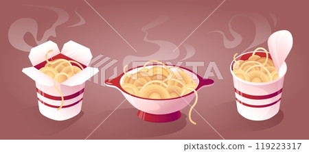 Hot ready to eat noodle in bowl, paper box and cup 119223317
