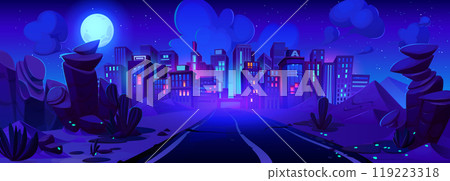 Road lead to modern city with skyscrapers at night Road lead to modern city with skyscrapers at night 119223318