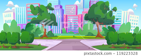 City public park with pathway, green trees, grass 119223328