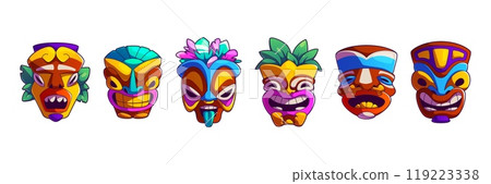 Cartoon tiki mask collection. 119223338
