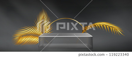 Square glass platform with golden palm leaves Square glass platform with golden palm leaves 119223340