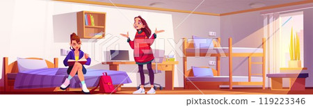 Two female students speaking in dormitory bedroom Two female students speaking in dormitory bedroom 119223346