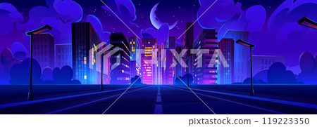 Road to city with multistorey and neon lights 119223350