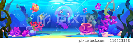 Jellyfish underwater with seaweed illustration Jellyfish underwater with seaweed illustration 119223358