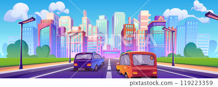 Cars driving highway towards modern city Cars driving highway towards modern city 119223359
