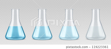 Laboratory blue liquid experiment in glass beaker Laboratory blue liquid experiment in glass beaker 119223361
