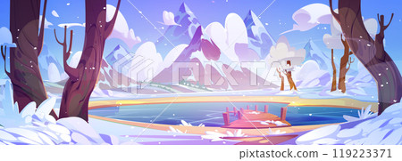 Frozen lake with wooden pier and winter mountains 119223371
