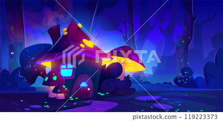 Gnome mushroom house in night forest 119223373