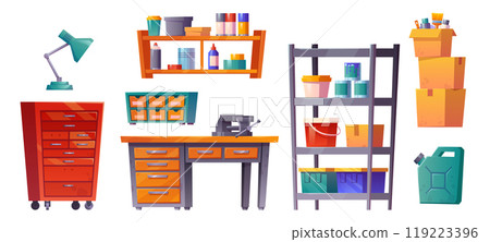 Workshop room interior in garage, tool storage 119223396