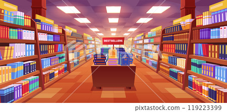 Cartoon bookstore interior with books on shelves Cartoon bookstore interior with books on shelves 119223399