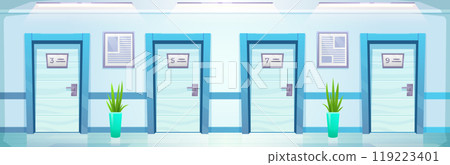 Hospital corridor with room door vector background Hospital corridor with room door vector background 119223401