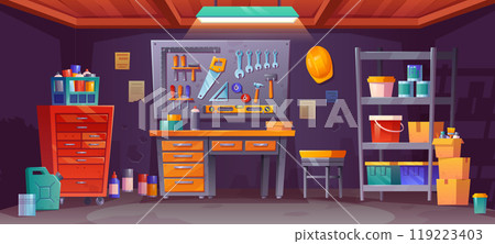 Night workshop interior in garage storage room Night workshop interior in garage storage room 119223403