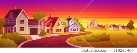 Cartoon town street with mountain sunset Cartoon town street with mountain sunset 119223404