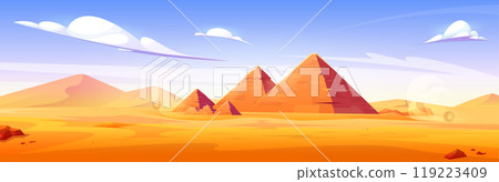 Cartoon sandy desert with antique pyramids 119223409