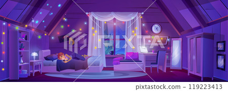 Attic bedroom interior, girl lying with smartphone 119223413