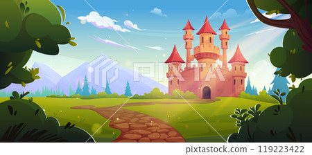 Medieval castle in green mountain valley 119223422