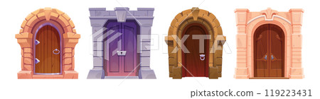 Old wooden doors set isolated on white background 119223431