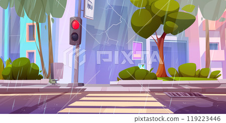 Cartoon rainy city street landscape with sidewalk 119223446