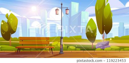 City park with bench in garden cartoon background City park with bench in garden cartoon background 119223453