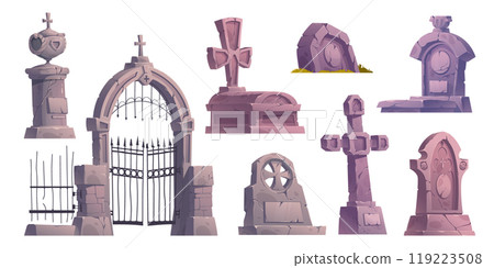 Cartoon set of old cemetery design elements Cartoon set of old cemetery design elements 119223508