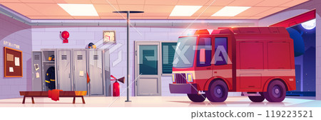 Fire station interior with emergency rescue truck Fire station interior with emergency rescue truck 119223521