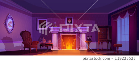 Dark victorian room interior with royal fireplace Dark victorian room interior with royal fireplace 119223525