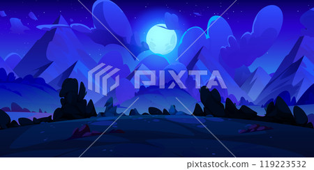 Night mountain valley with moon glowing in clouds 119223532