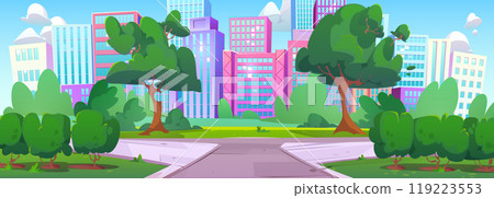 City public park with pathway, green trees, grass 119223553