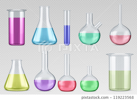 Chemistry laboratory flask with liquid for test 119223568