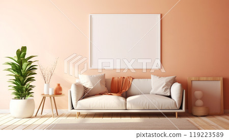 A modern bedroom with cozy sofa peach wall and empty mockup template frame with copy space for text. Contemporary minimalist interior design 119223589