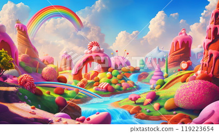 A candyland landscape with candy sweet ice cream cake mountains sugar river and a pastel rainbow bridge in fluffy clouds. Wonderland kid child fantasy concept 119223654
