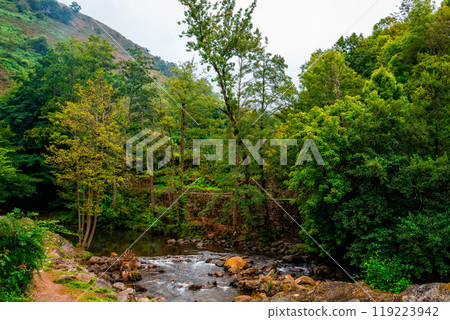 Scenic view of Argonza River at Barcena Mayor in the Valley of Cabuerniga a cloudy day of summer 119223942
