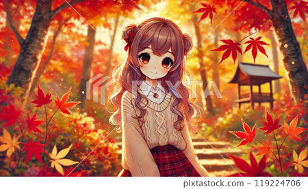 秋天的落葉中的美麗女孩 119224706