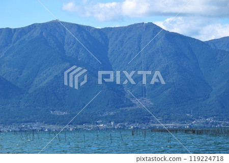 Mount Horai seen through the blue sky and Lake Biwa Mount Horai seen through the blue sky and Lake Biwa 119224718