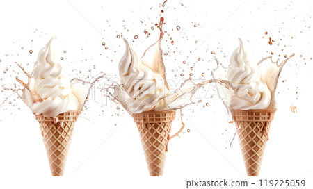 Isolated soft milk ice cream cone with swirl splash on white background 119225059