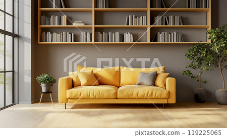 Modern living room interior design scandinavian style, yellow color sofa, grey color pillows, lamp and bookshelf with books, decoration with trees. Modern living room interior design scandinavian style, yellow color sofa, grey color pillows, lamp and bookshelf with books, decoration with trees. 119225065