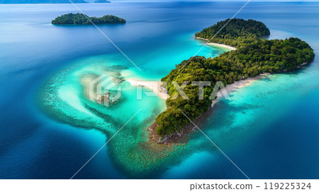 Aerial view of turquoise ocean and tropical island with Water Bungalows, Atoll, Maldives. Indian Ocean Nature touch 119225324