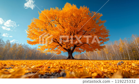 Yellow color Maple tree in the garden in Autumn landscape with blue sky 119225332