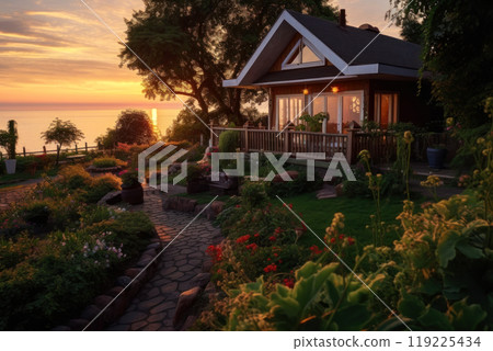 Lush gardens frame a charming wooden home 119225434