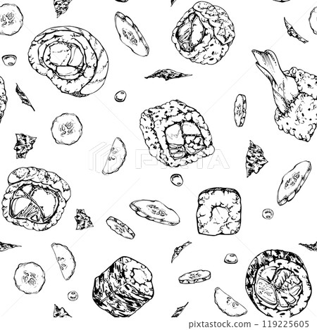 Traditional Japanese food, california philadelphia alaska sushi rolls with raw fish salmon unagi tuna shrimp, hand drawn in vector pen and ink. Seamless pattern for restaurant, cafe menu, recipe book Traditional Japanese food, california philadelphia alaska sushi rolls with raw fish salmon unagi tuna shrimp, hand drawn in vector pen and ink. Seamless pattern for restaurant, cafe menu, recipe book 119225605