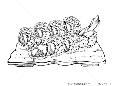 Japanese food sushi roll set served on ceramic plate with raw fish shrimp prawn tempura, sesame avocado daikon, hand drawn in vector pen and ink. Illustration for restaurant, cafe menu, recipe book Japanese food sushi roll set served on ceramic plate with raw fish shrimp prawn tempura, sesame avocado daikon, hand drawn in vector pen and ink. Illustration for restaurant, cafe menu, recipe book 119225607