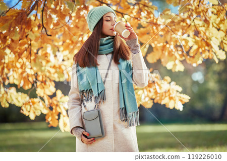 Portrait of a beautiful woman walking in the autumn park Portrait of a beautiful woman walking in the autumn park 119226010